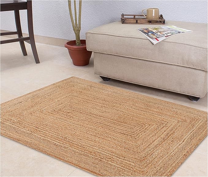 Hand Woven Farmhouse Jute Area Rug 6x9 Ft Rectuangle Natural Yarn, Rustic Vintage Beige Braided Reversible Rug, Eco Friendly Rugs for Bedroom, Kitchen, Living Room, Farmhouse 100% Jute Rug - Natural