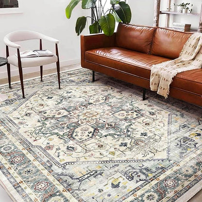 Washable Area Rug 9'x12' Cyan Khaki Retro Flowers Boho Design Non-Shedding Easy Care Ideal for High Traffic Areas in Living Room Bedroom Office Coffee Table Kitchen Large Carpet