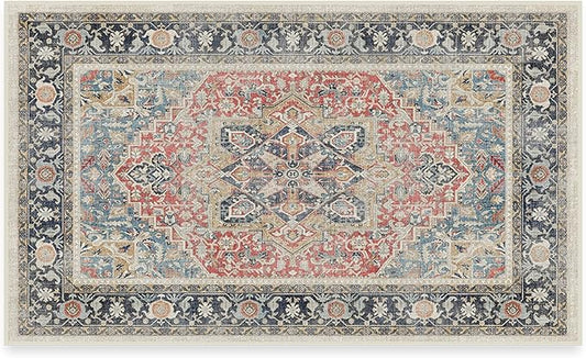 RUGGABLE Washable Vintage Area Rug – Kamran Cayenne Red 3x5, Stain-Resistant, Non-Slip – Small Machine Washable Rugs for Living Room, Bedroom, Hallway, Entryway & Office–with Cushioned Pad