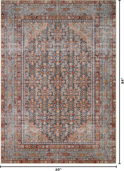 Kuden 5x7 Area Rug, Machine Washable Area Rug with Non-Slip Backing, Vintage Style, Soft, Easy Clean, Low Pile Rug for Living Room, Bedroom, Dining Room