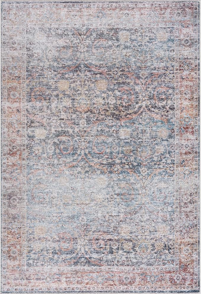 Bloom Rugs Caria Washable Non-Slip 3x5 Rug - Ocean Blue/Brick Traditional Area Rug for Living Room, Bedroom, Dining Room, and Kitchen - Exact Size: 3' x 5'