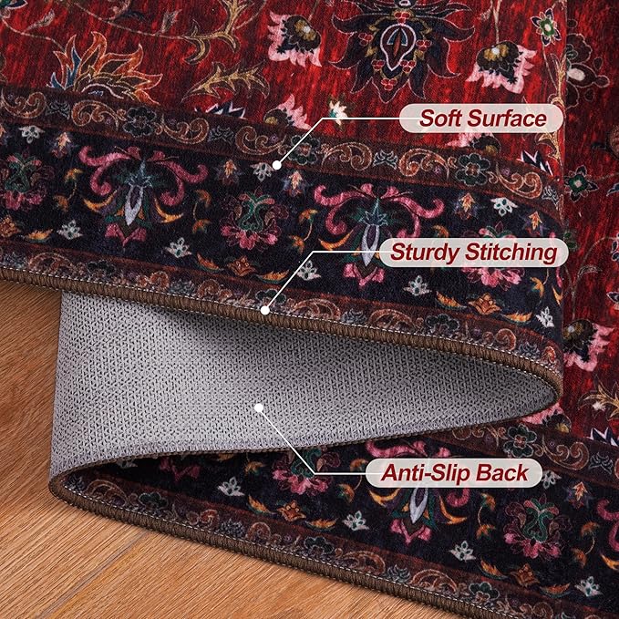 Tangsoo 5x7 Washable Rug, Floral Vintage Large Area Rugs for Living Room, Indoor Non Slip Print Floor Carpet, Soft Low Pile Machine Washable Rug for Bedroom Dining Room Dorm Home Decor Red