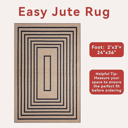 Tangsoo Geometric Easy Jute Rug 2x3 Washable Rug,Small Area Rug for Entryway,Non-Slip Black Thin Indoor Outdoor Door Mat Modern Farmhouse Carpet for Entrance Kitchen Bedroom Front Porch