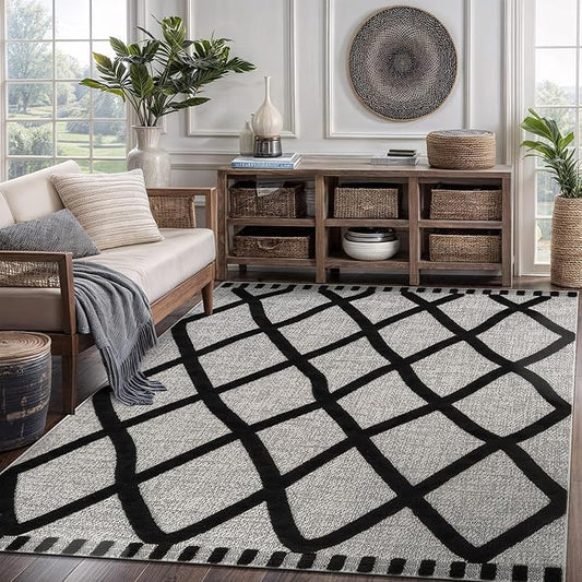 CAMILSON Modern Rug 5x7 Luxury Diamond Pattern Micro Loop Area Rugs Soft High-Low Pile Stain Resistant Easy to Clean Non-Shedding Durable Living Room Kitchen Indoor Carpet (Black/Gray)