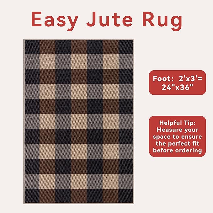 Tangsoo Checkered Easy Jute Rug, 2x3 Washable Ultra Thin Rug for Entryway Non-Slip Black Brown Outdoor Rug,Modern Front Door Mat Carpet for Kitchen Bedroom Porch Doorway