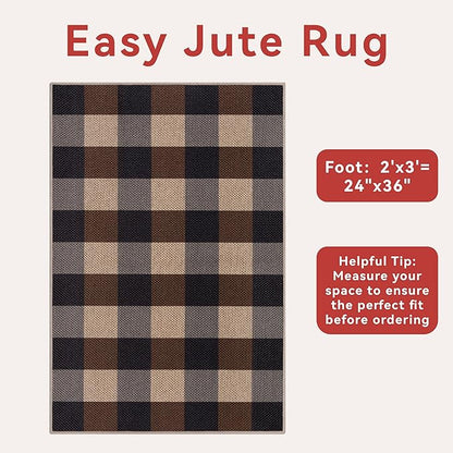Tangsoo Checkered Easy Jute Rug, 2x3 Washable Ultra Thin Rug for Entryway Non-Slip Black Brown Outdoor Rug,Modern Front Door Mat Carpet for Kitchen Bedroom Porch Doorway
