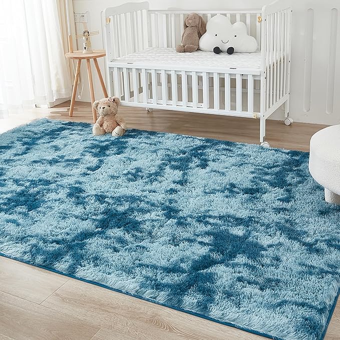 Andency Soft Area Rugs for Living Room Bedroom, 3x5 Non-Slip Fluffy Shag Carpet, Indoor Floor Fuzzy Shaggy Living Room Plush Rug for Kids Dorm Nursery Home Decor Aesthetic, Tie-Dyed Navy Blue