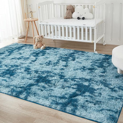 Andency Soft Area Rugs for Living Room Bedroom, 3x5 Non-Slip Fluffy Shag Carpet, Indoor Floor Fuzzy Shaggy Living Room Plush Rug for Kids Dorm Nursery Home Decor Aesthetic, Tie-Dyed Navy Blue