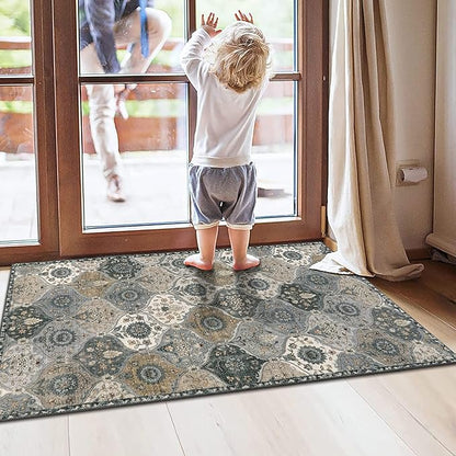 Lahome Moroccan Trellis Small Area Rug, 2x4 Rugs for Entryway Non-Slip Vintage Ultra-Thin Washable Indoor Door Mat Distressed Throw Carpet for Bathroom Kitchen Bedroom, Grey