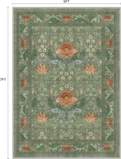 Bavni 5x7 Area Rugs for Living Room, Microfiber Machine Washable Non-Slip Vintage Floral Rug, Low Pile Lightweight Carpet for Bedroom, Dining Room, Home Office, Bean Green