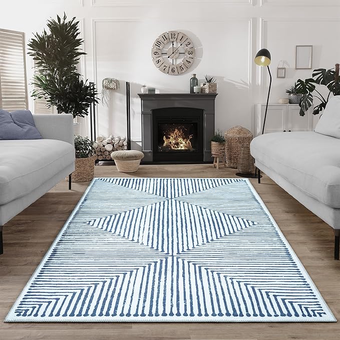 Bloom Rugs Washable Non-Slip 8' x 10' Rug - Blue/Ivory Striped Area Rug for Living Room, Bedroom, Dining Room, and Kitchen - Exact Size: 8' x 10'