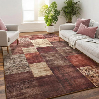 Tepook Modern Area Rug for Living Room, 5x7 Geometric Large Rugs for Bedroom, Washable Patchwork Rug Indoor Non-Slip Throw Carpets for Dining Room Office Farmhouse Home Decor, Red