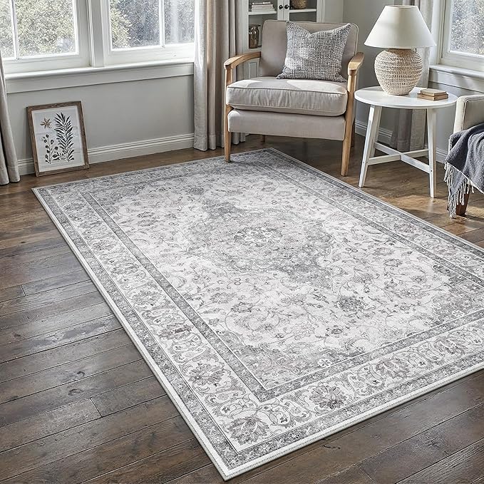 HUGEAR Area Rug 5x7 Vintage Grey Machine Washable Living Room Rugs Thin Neutral Floral Vacuumable Low Pile Carpet Bedroom Office Dining Room Laundry Room Non Slip Soft Lightweight