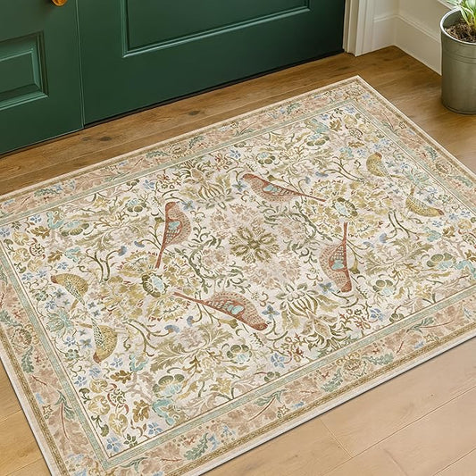 Beige Boho Bathroom Rugs 2x3 Washable Non Slip - Soft Low Pile Small Throw Rug for Entryway, Kitchen, Powder Room - Unique Farmhouse Bird & Pattern Botanical Decorative Door Mats