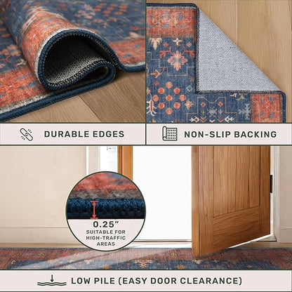 Navy Blue Large Area Rugs 8x12 Living Room, Geometric Floral Rugs for Dining Room Under Table - Washable Low Pile & Soft Carpet for Bedroom - Vintage Boho Stain Resistance Indoor Décor