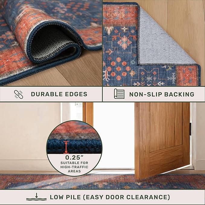 Navy Blue Runner Rug 2x5 for Kitchen, Hallway, Mudroom, Laundry Room, Bathroom, Washable Non Slip Non Skid Rubber Backing Low Pile Stain Resistance