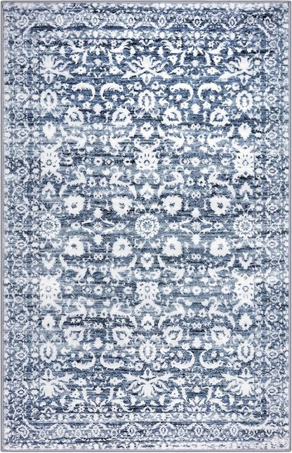 Vintage Floral 3x5 Rug, Light Blue White Entryway Rug Small Area Rug Washable Non-Slip Throw Rug, Thin Printed Faux Wool Low-Pile Kitchen Rugs Super Soft Capet for Entrance Bedroom Office