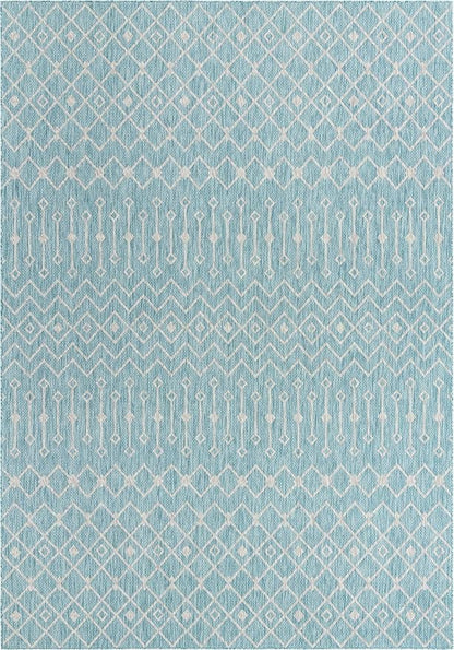 Unique Loom Outdoor Trellis Collection Area Rug - Tribal Trellis (10' x 14' 1" Rectangle, Aqua/ Ivory)