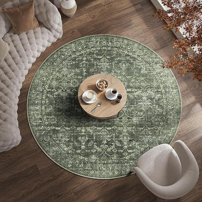 6ft Round Washable Area Rugs for Living Room, Vintage Boho Large Rug for Bedroom Dining Room Office, Distressed Floral Print Carpet for Under Table, Soft Non Slip Low Pile Throw Indoor Mat, Green