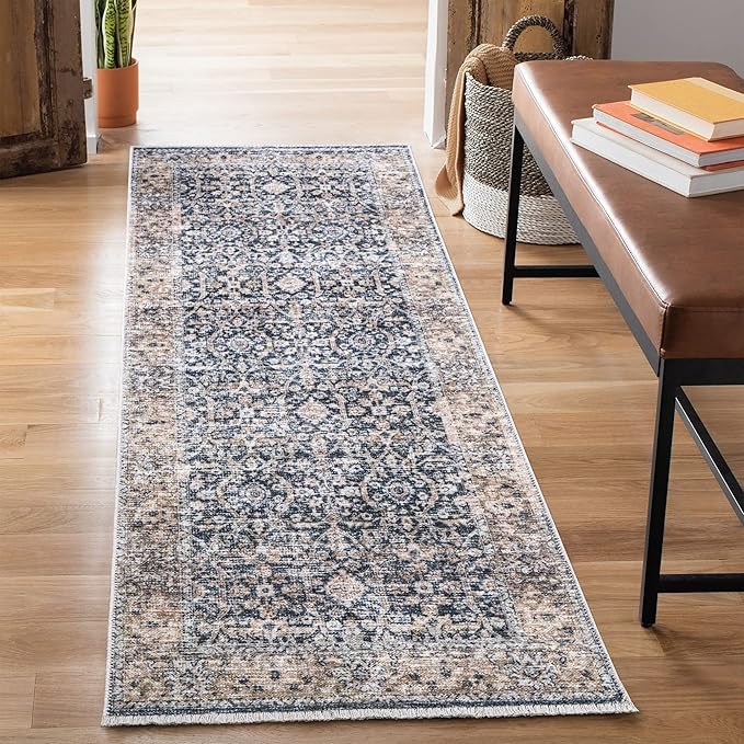 Bloom Rugs Caria Washable Non-Slip 12 ft Runner - Dark Blue/Tan Traditional Runner for Entryway, Hallway, Bathroom, and Kitchen - Exact Size: 2'6" x 12'