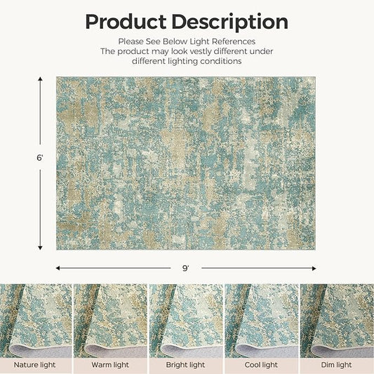 WITSHOCK Living Room Area Rugs 6x9：Modern Abstract Machine Washable Large Rug for Bedroom Dining Room Non-Slip Stain Resistant Home Office Decor,Teal Brown