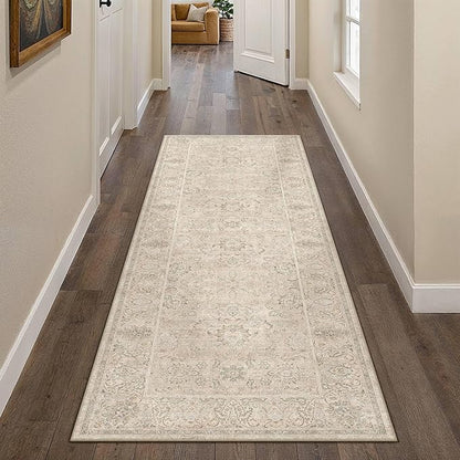 HUGEAR 2x6 Machine Washable Hallway Runner Rugs Vintage Beige - Neutral Non Slip Stain Resistant Low Pile Aesthetic Throw Carpet Kids & Pet Friendly for Bedroom Kitchen