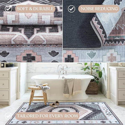 Fame Living Washable Area Rug. Modern Farmhouse. Vintage. Turkish. Bohemian. Distressed. Oriental. Traditional. Rugs for Living Room. Dining. Bedroom. Office. Entryway.(856BlckGry, 2'5" x 9'8")