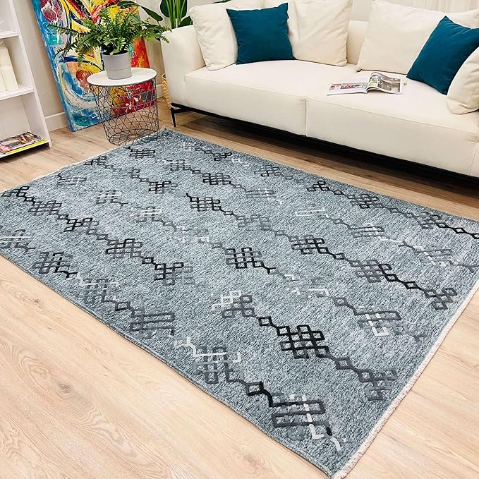 Alfa Rich 7x10 Bluish Gray Washable Area Rugs for Living Room Bedroom Kitchen Decor Cotton Rug