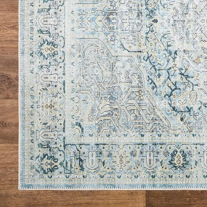 Bloom Rugs Washable Non-Slip 9' x 12' Rug - Cream/Light Blue/Teal Traditional Medallion Area Rug for Living Room, Bedroom, Dining Room, and Kitchen - Exact Size: 9' x 12'