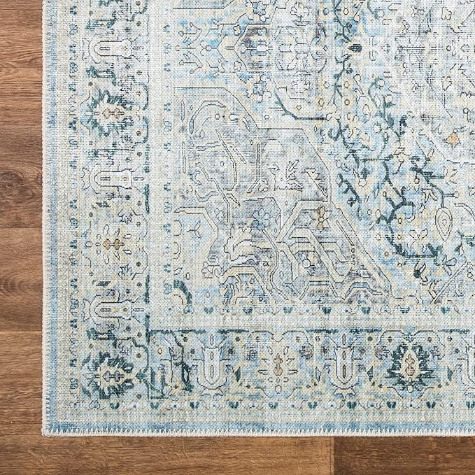 Bloom Rugs Washable Non-Slip 10 ft Runner - Cream/Light Blue/Teal Traditional Medallion Runner for Entryway, Hallway, Bathroom, and Kitchen - Exact Size: 2.5' x 10'