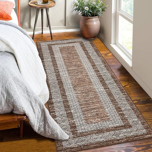 GarveeHome Washable Runner Rug 2x6 Modern Hallway Rug Non Slip Entryway Runner, Geometric Bordered Printed Carpets, Low Pile Thin Foldable Floor Mats, Soft Non Shedding for Kitchen Laundry, Brown