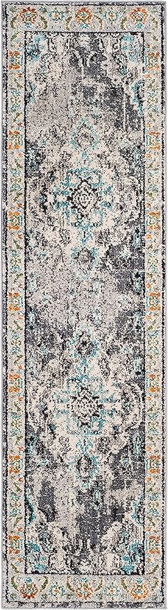 SAFAVIEH Monaco Collection Runner Rug - 2'2" x 14', Grey & Light Blue, Boho Chic Medallion Distressed Design, Non-Shedding & Easy Care, Ideal for High Traffic Areas in Living Room, Bedroom (MNC243G)