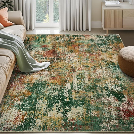 Washable Area Rugs 6'x8' Non-Slip Modern Abstract Soft for Living Room Entryway Bedroom Nursery, Print Pattern, Green Orange Rust Red Cream Colorful