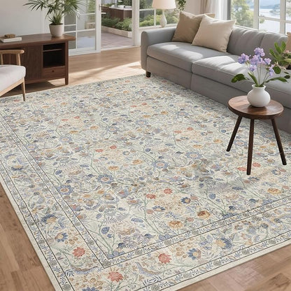 Washable Living Room Rug: 10x14 Boho Floral Soft Area Rug for Bedroom Decor - Vintage Low Pile Thin Carpet for Dining Room Non-Slip - Farmhouse Stain Resistant Rugs - Beige Blue