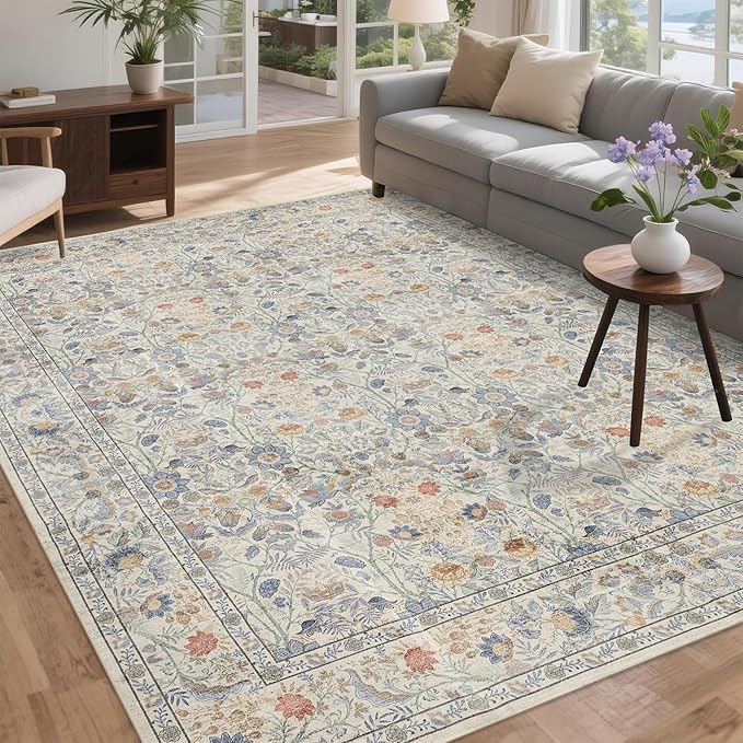 Washable Living Room Rug: 9x12 Boho Floral Soft Area Rug for Bedroom Decor - Vintage Low Pile Thin Carpet for Dining Room Non-Slip - Farmhouse Stain Resistant Rugs - Beige Blue