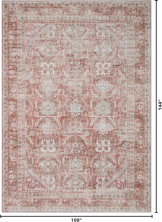 Kuden 9x12 Large Area Rug, Machine Washable Area Rug with Non-Slip Backing, Vintage Style, Soft, Easy Clean, Low Pile Rug for Living Room, Bedroom, Dining Room