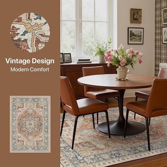 GENIMO 5X7 Area Rugs for Living Room, Machine Washable Vintage Floor Cover Foldable Modern Non Slip Rug, Low Pile Soft Indoor Carpet Floral Print Mat Rug,Bedroom/Dining Room/Home Office,Terracotta