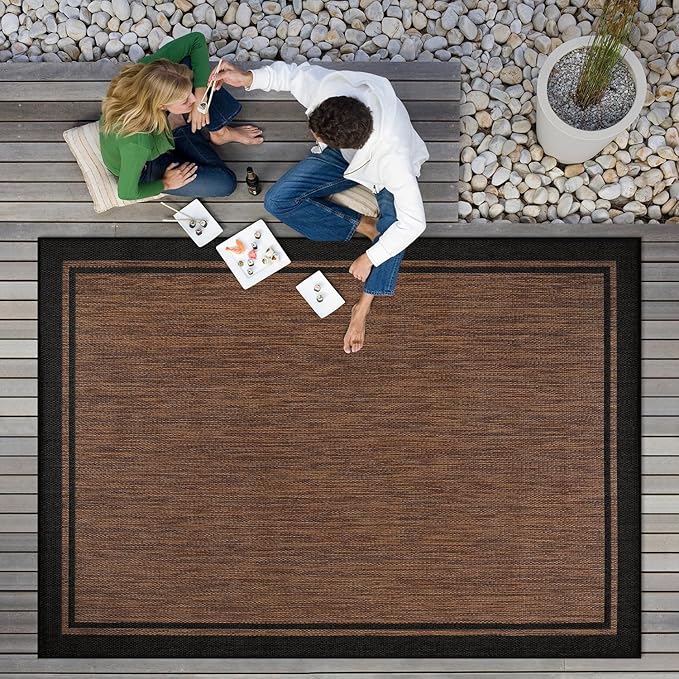 CAMILSON Indoor Outdoor Rug, 8x10 Bordered Nut Brown Black Modern Area Rugs for Indoor and Outdoor Patios, Kitchen and Hallway Mats, Washable Porch Deck Outside Carpet (Bordered Nut Brown, 8 x 10)
