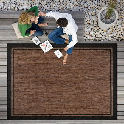 CAMILSON Indoor Outdoor Rug, 8x10 Bordered Nut Brown Black Modern Area Rugs for Indoor and Outdoor Patios, Kitchen and Hallway Mats, Washable Porch Deck Outside Carpet (Bordered Nut Brown, 8 x 10)