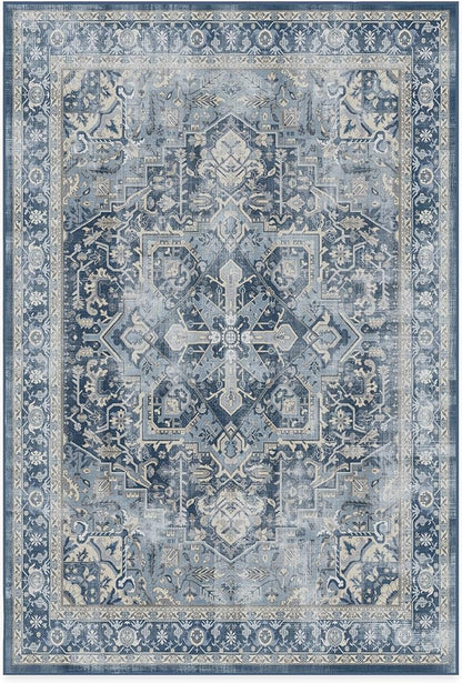RUGGABLE Washable Area Rug – Kamran Admiral Blue 6x9, Stain-Resistant, Non-Slip – Medium Machine Washable Rugs for Living Room, Bedroom, Hallway, Entryway & Office–with Cushioned Pad