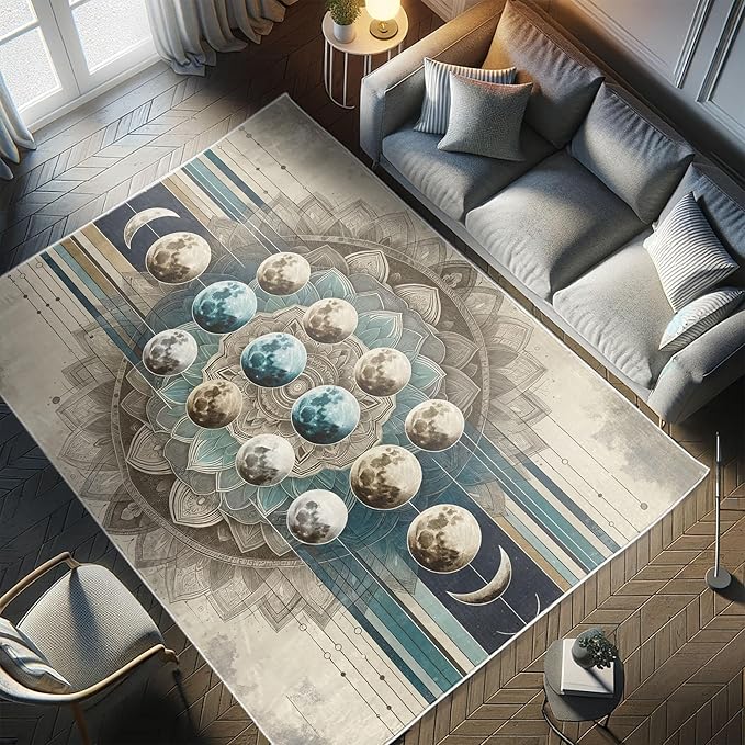 Ambesonne Lunar Art Decorative Rug, Oriental Bohemian Mandala with Moon Phase and Abstract Lines Modern, Quality Carpet for Bedroom Dorm and Living Room, 5' 1" X 7' 5", Cadet Blue and Eggshell