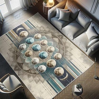 Ambesonne Lunar Art Decorative Rug, Oriental Bohemian Mandala with Moon Phase and Abstract Lines Modern, Quality Carpet for Bedroom Dorm and Living Room, 5' 1" X 7' 5", Cadet Blue and Eggshell