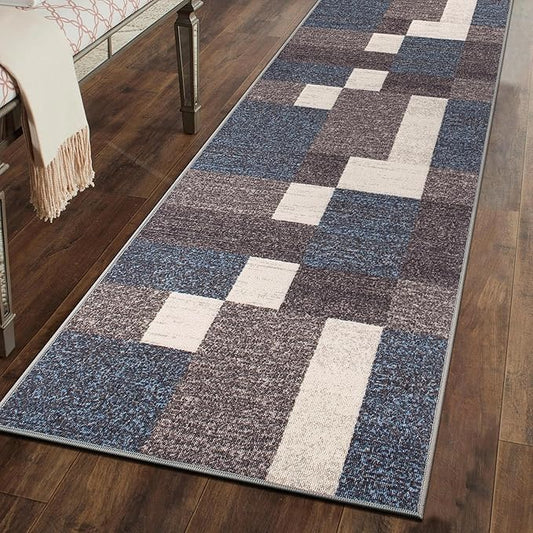 Rugshop Geometric Modern Boxes Design Non-Slip (Non-Skid) Carpet for Hallway,Kitchen,Entryway Runner Rug 2'7" x 6' Blue