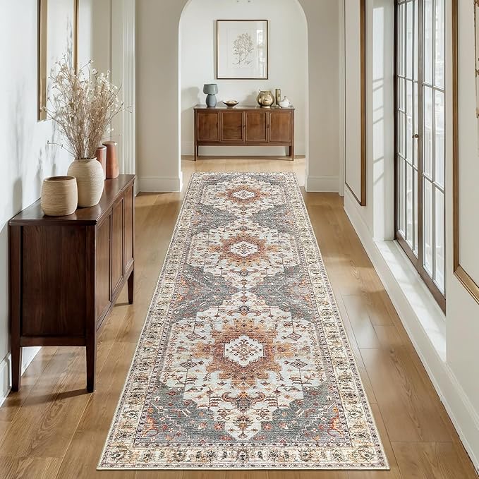 Tangsoo Oriental Hallway Runner Rugs 2.6x12 Washable Runner Rug for Hallways, Non Slip Vintage Soft Low Pile 12ft Long Rug Runner, Indoor Carpet Runners for Living Room Kitchen Bedroom Entryway