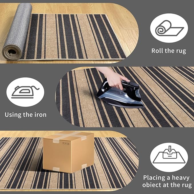 Striped Easy Jute Runner Rug,2x6 Kitchen Runner Rugs for Hallway Non Slip Washable Striped Indoor Outdoor Carpet for Laundry Room Bedroom Entry 6ft