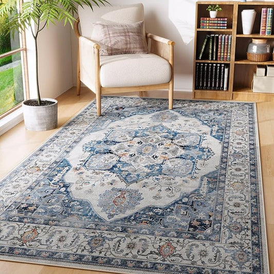 Rugcomf Vintage Medallion 3'x5' Washable Rug - Non-Slip Low Pile Area Rug, Small Boho Carpet for Bedroom, Bedside, Kitchen, Entryway, Kids/Girls Room, Office - Blue