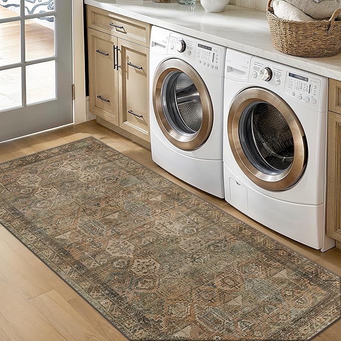 Bavni Kitchen Rug 2x8 Runner Rugs for Hallways Entryway, Washable Vintage Print Carpet, Ultra-Thin Chenille Low Pile Lightweight Rug with Non Slip Backing, Warm Taupe