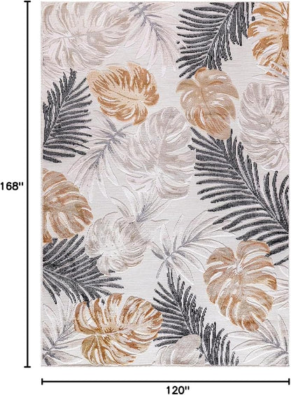 CAMILSON Indoor Outdoor Rug, Yellow 10’x14’ Leaf Tropical Botanical Area Rugs for Indoor and Outdoor patios, Easy-Cleaning Non-Shedding Living Room, Garden and Kitchen Washable Outside Carpet (10x14)