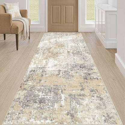 Runner Rug Kitchen Washable Rugs: 3x8 Non-Slip Abstract Soft Modern Stain Resistant Indoor Floor Neutral Accent Throw Carpet for Hallway Bathroom Laundry Room Entryway Bedroom- Gray Gold