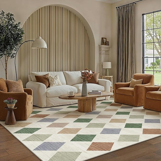 6x9 Checkered Area Rugs for Living Room Colorful Machine Washable Large Rug Non-Slip Stain Resistant Low Pile Boho Accent Indoor Throw Carpet for Bedroom Dining Room Classroom